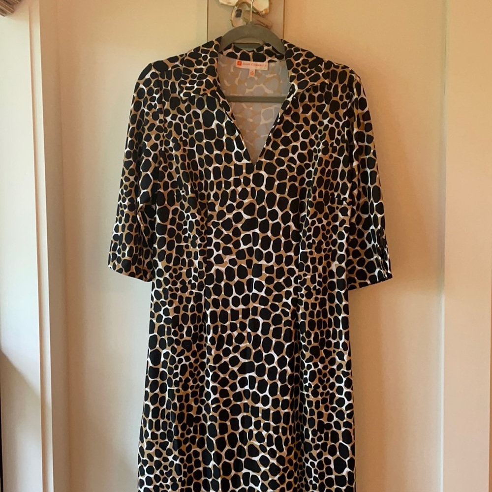JUDE CONNALLY Giraffe Animal Print Stretchy V Neck 3/4 Sleeve Dress